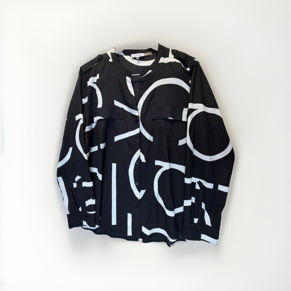 Calvin Klein XL Black White Abstract Geometric Print Collarless Blouse Top